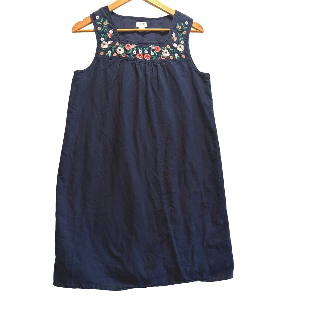 J.Crew Navy Blue Linen Cotton Floral Embroidered Sleeveless Shift Dress Med Folk